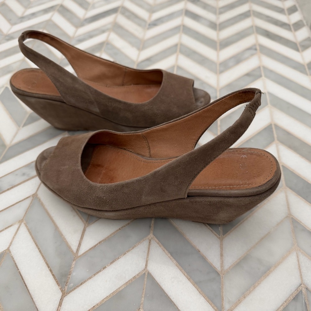 Tan Suede Slingback Wedge Sandals